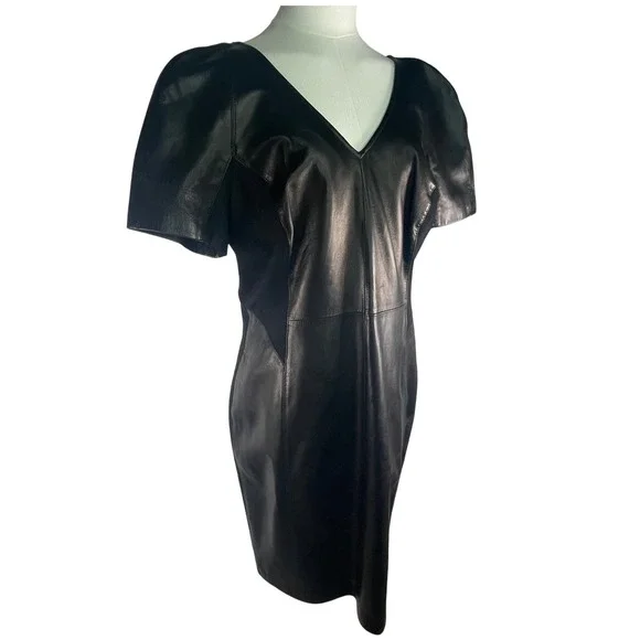 Antonio Melani leather v-neck stretchy black dress, sz 12 sleek, nylon sides - Picture 9 of 11